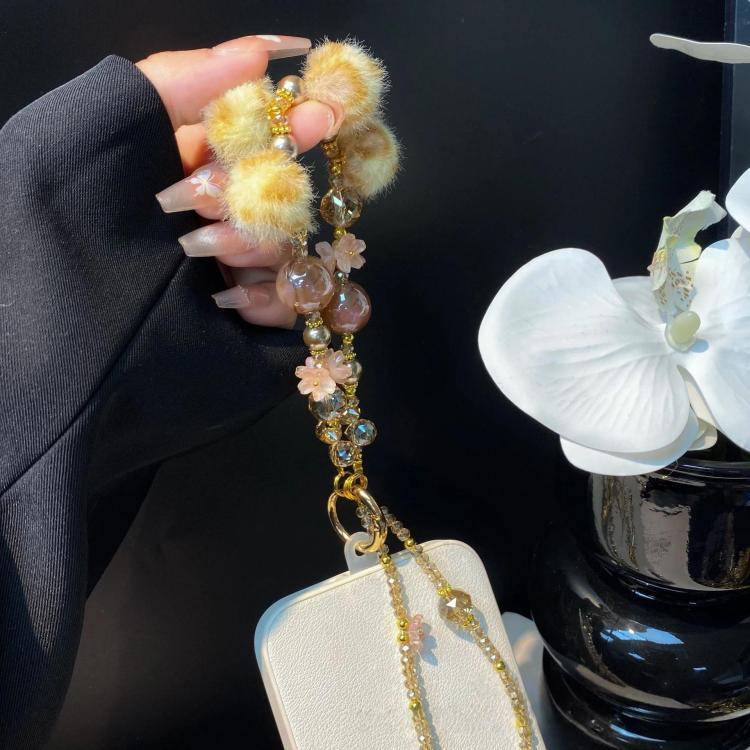 Leopard Print Fur Ball Cell Phone Lanyard Double Chain Crystal Beaded Pearl Plush Cell Phone Chain