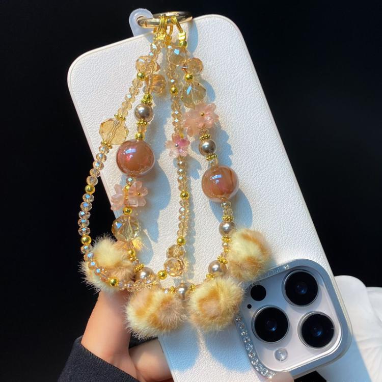 Leopard Print Fur Ball Cell Phone Lanyard Double Chain Crystal Beaded Pearl Plush Cell Phone Chain