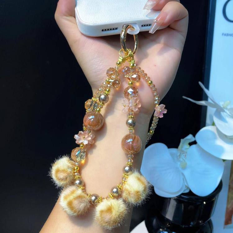 Leopard Print Fur Ball Cell Phone Lanyard Double Chain Crystal Beaded Pearl Plush Cell Phone Chain