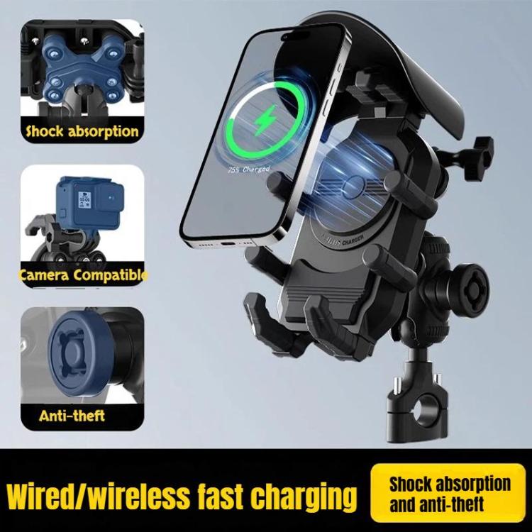 Wireless Charging Motorcycle Phone Holder with Sun Visor & Anti-Theft Lock 360-degree Rotation, Camera Compatible Mirror Version
