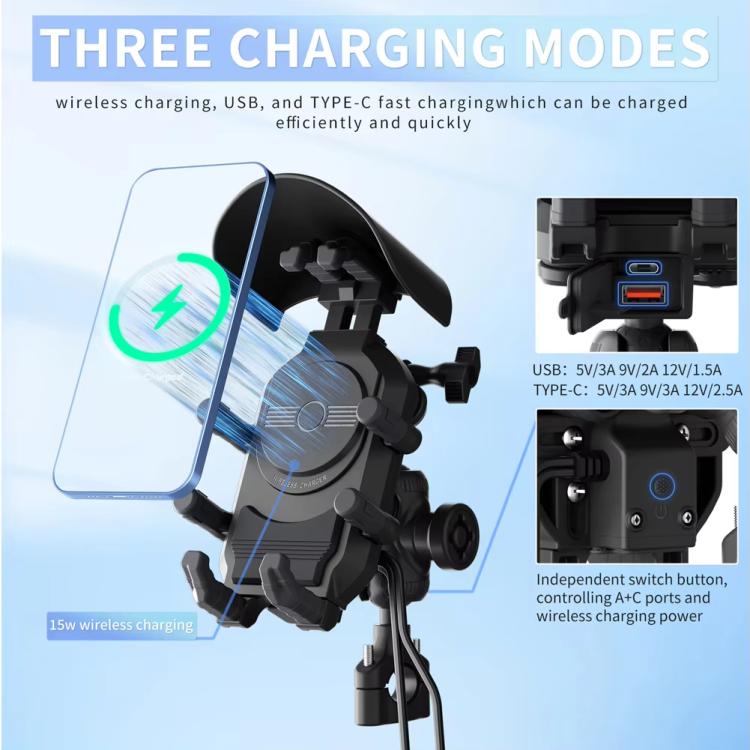Wireless Charging Motorcycle Phone Holder with Sun Visor & Anti-Theft Lock 360-degree Rotation, Camera Compatible Handbar Version