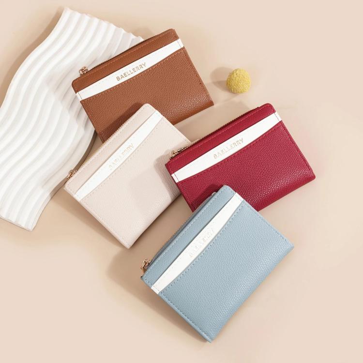 Baellerry N8351 Women Short PU Leather Wallet With Color-Blocking Design & Zipper Closure, Slim Compact Purse Card Holder