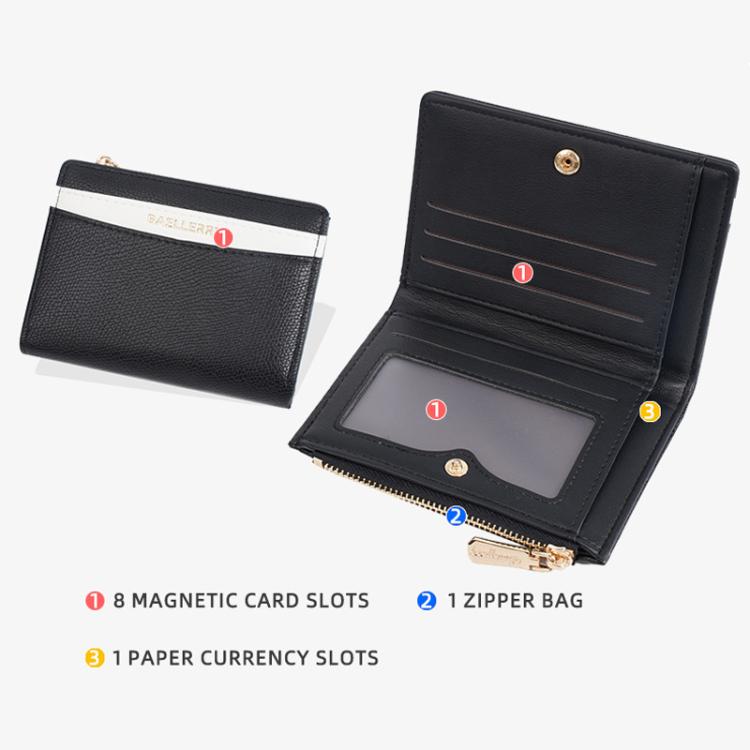 Baellerry N8351 Women Short PU Leather Wallet With Color-Blocking Design & Zipper Closure, Slim Compact Purse Card Holder