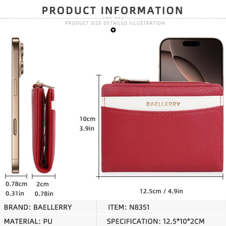 Baellerry N8351 Women Short PU Leather Wallet With Color-Blocking Design & Zipper Closure, Slim Compact Purse Card Holder