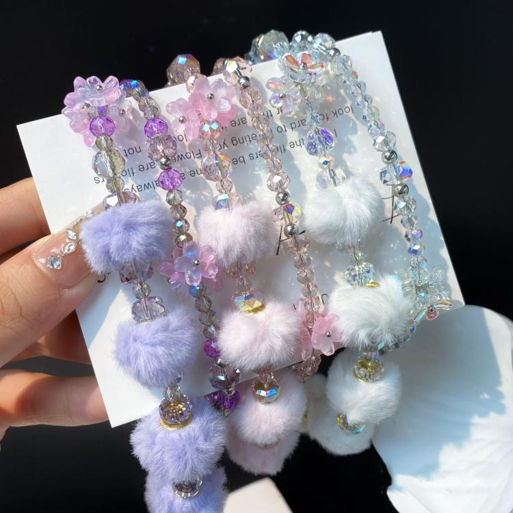 Plush Beaded Cell Phone Chain Keychain Bag Charm Crystal Double Chain Phone Case Accessories