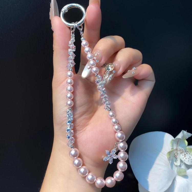 Pearl Rhinestone Temperament Wrist Lanyard Beaded Cell Phone Chain, Color: Pink With Flower
