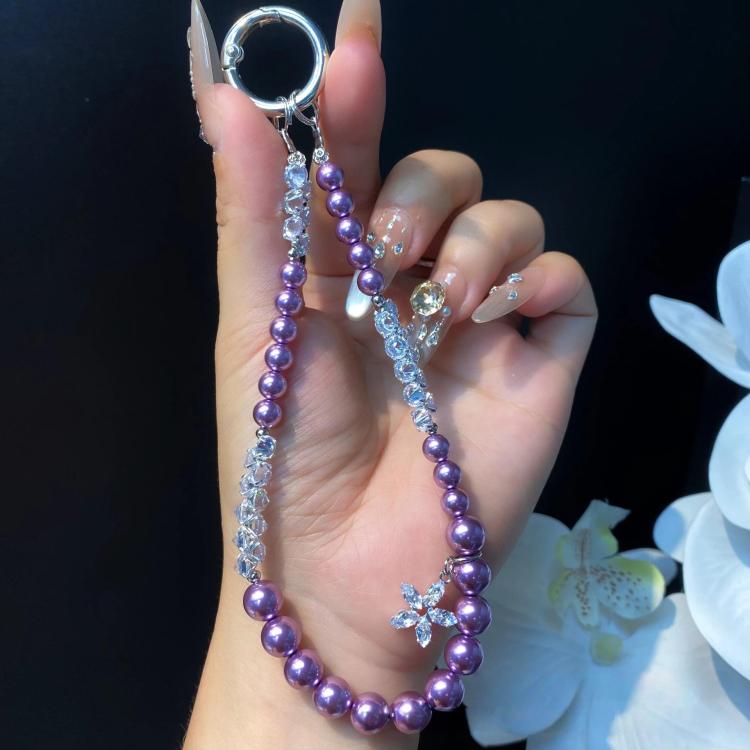 Pearl Rhinestone Temperament Wrist Lanyard Beaded Cell Phone Chain, Color: Dark Purple With Flower