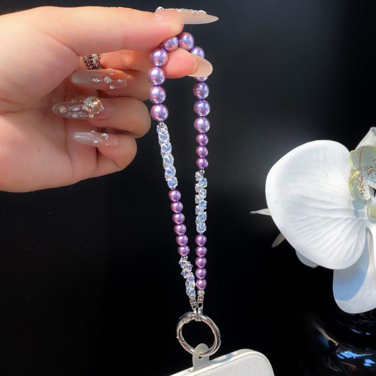 Pearl Rhinestone Temperament Wrist Lanyard Beaded Cell Phone Chain, Color: Dark Purple With Flower
