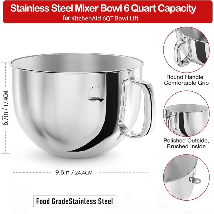 6QT Stainless Steel Mixing Bowl For KitchenAid 5QT Pro/6QT/6QT Pro/7QT/7QT Pro Lift Stand Mixers