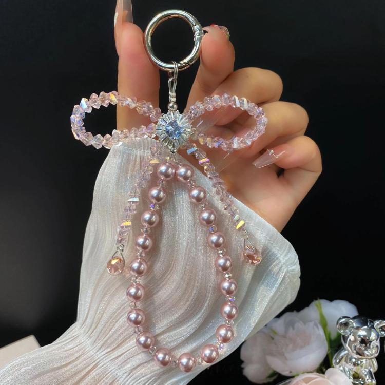 Crystal Ribbon Zirconia Pendant Cell Phone Lanyard Short Pearl Keychain