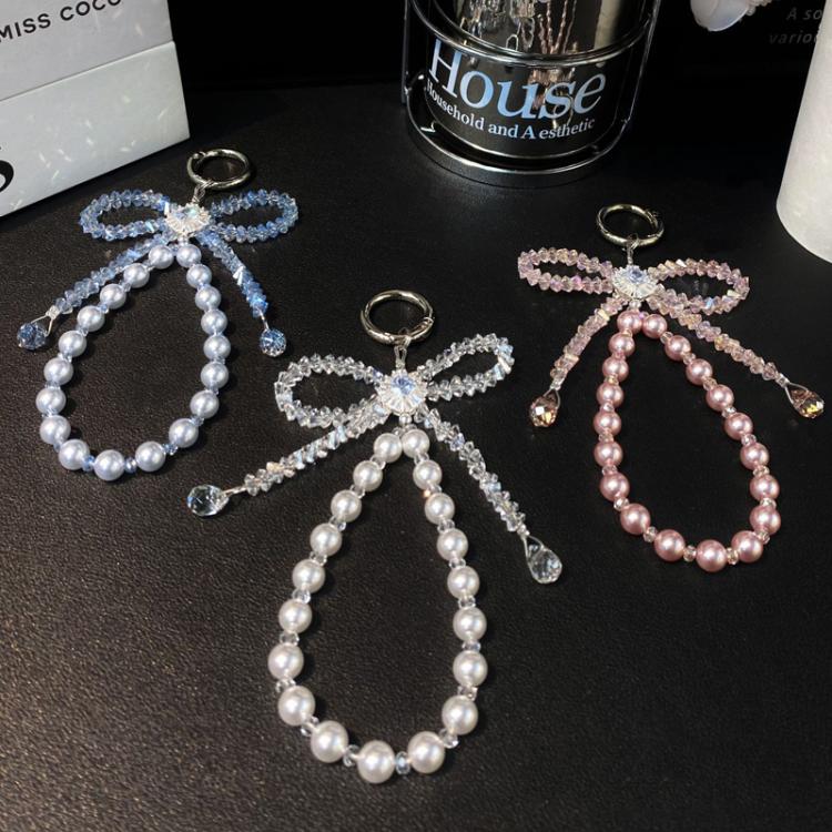 Crystal Ribbon Zirconia Pendant Cell Phone Lanyard Short Pearl Keychain
