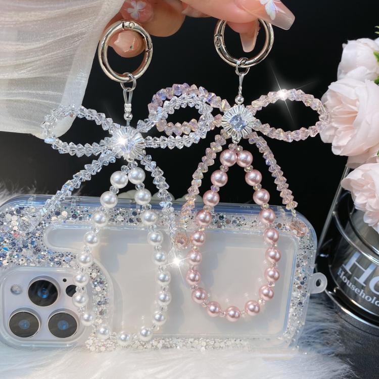 Crystal Ribbon Zirconia Pendant Cell Phone Lanyard Short Pearl Keychain