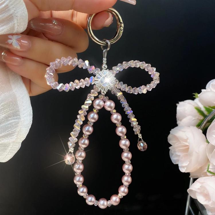 Crystal Ribbon Zirconia Pendant Cell Phone Lanyard Short Pearl Keychain