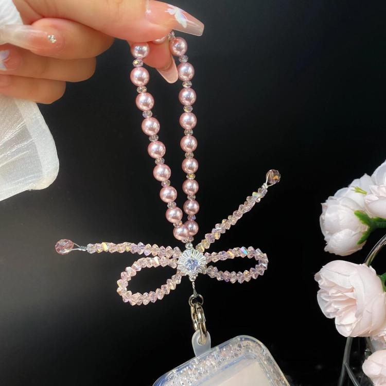 Crystal Ribbon Zirconia Pendant Cell Phone Lanyard Short Pearl Keychain