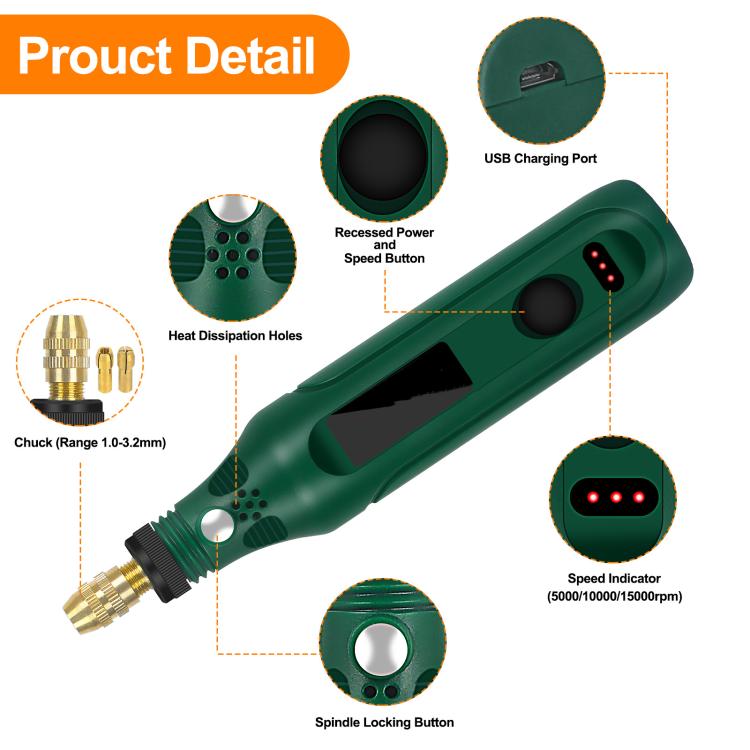 Rechargeable Electric Grinding Pen Kit 3-Speed Adjustable Cordless Engraver with LED Indicator