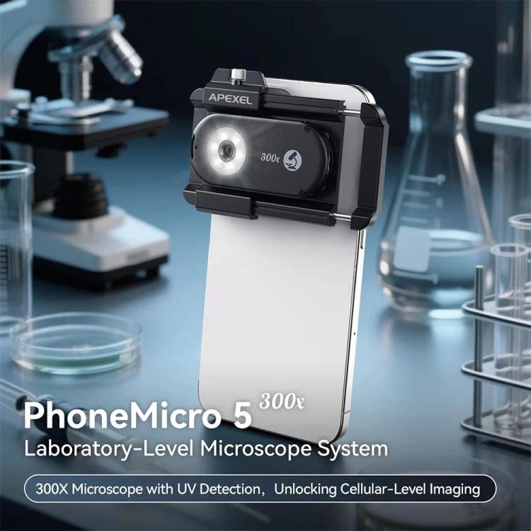 APEXEL PhoneMicro 5 Smartphone Microscope 300X Dual-Light Microscopic + UV, Multi-Mode Lighting - Black