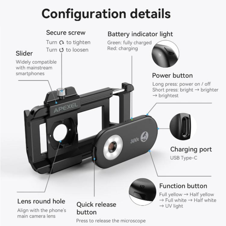 APEXEL PhoneMicro 5 Smartphone Microscope 300X Dual-Light Microscopic + UV, Multi-Mode Lighting - Black