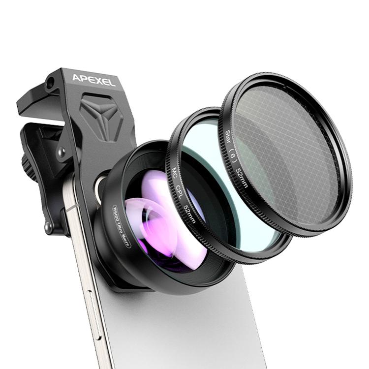 APEXEL HB100U Macro Lens Kit with 52MM CPL & Star Filter for Smartphones 3-in-1 Phone Camera Lens Set - Black