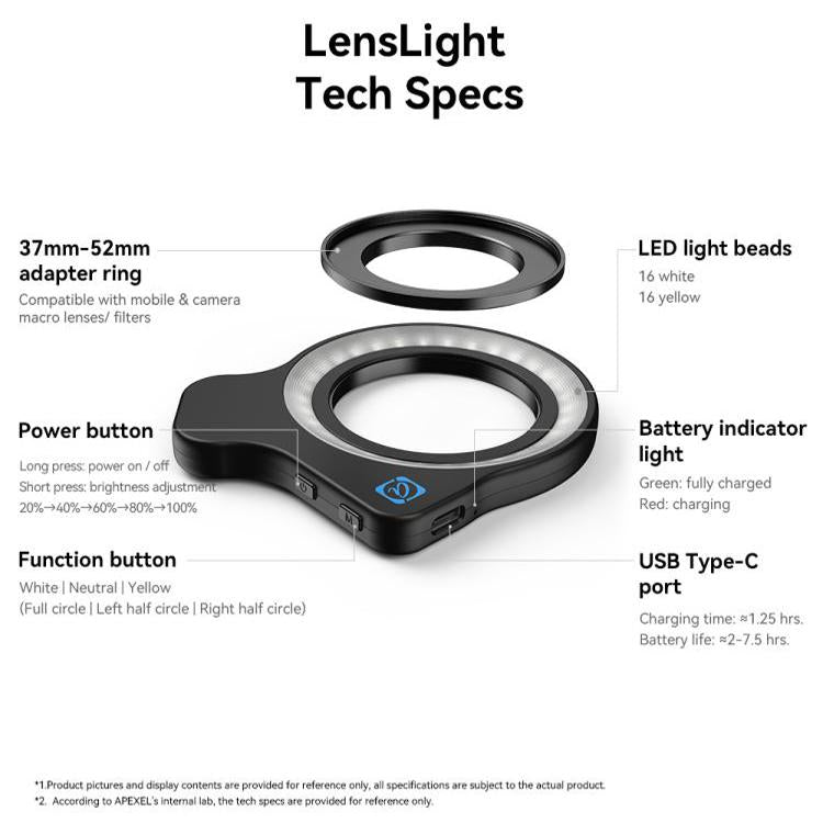 APEXEL HB100 Ultra Macro Lens & FL26 Fill Light Combo for Smartphones Close-Up Photography Kit - Black