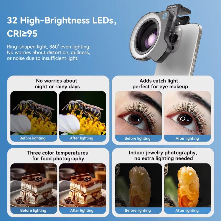 APEXEL HB100 Ultra Macro Lens & FL26 Fill Light Combo for Smartphones Close-Up Photography Kit - Black