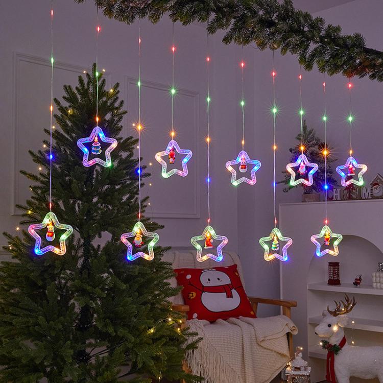 10pcs /Set Christmas Curtain Lights Holiday Decoration String Lights Leather String Christmas Ambiance Decoration Ball Lights, Style: Colorful Pentagram