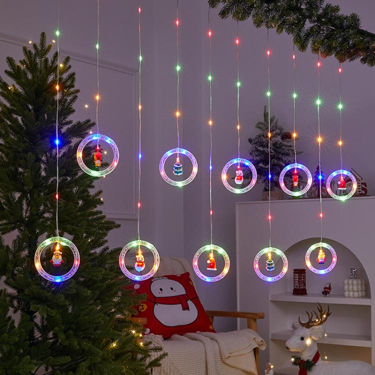 10pcs /Set Christmas Curtain Lights Holiday Decoration String Lights Leather String Christmas Ambiance Decoration Ball Lights, Style: Colorful Round Ring
