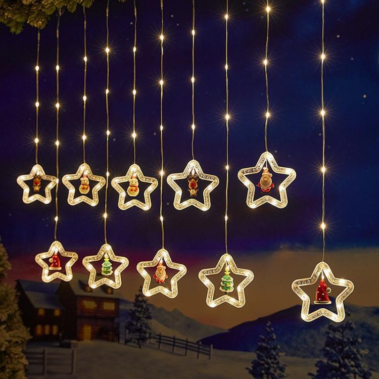 10pcs /Set Christmas Curtain Lights Holiday Decoration String Lights Leather String Christmas Ambiance Decoration Ball Lights, Style: Warm White Pentagram