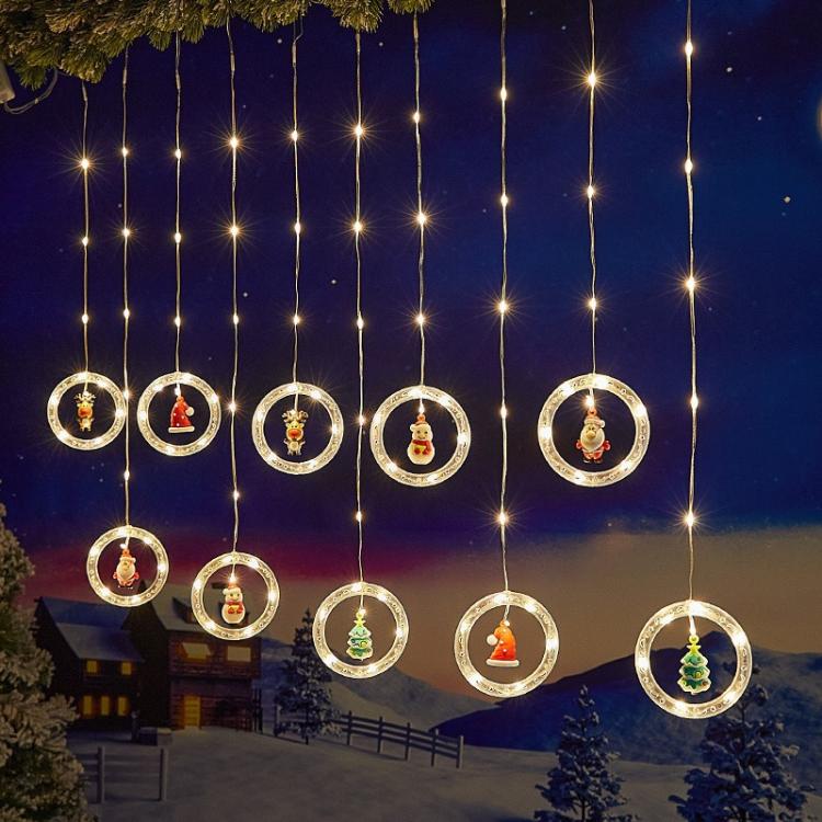10pcs /Set Christmas Curtain Lights Holiday Decoration String Lights Leather String Christmas Ambiance Decoration Ball Lights, Style: Warm White Round Ring