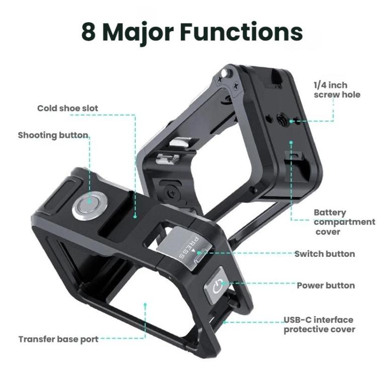 For DJI Osmo Action 6 Joyshot Dual-Open Metal Cage Aluminum Protective Frame with 1/4-inch Screw Holes & Cold Shoe Mount - Black