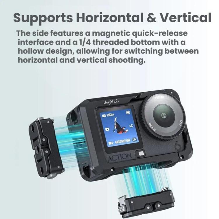 For DJI Osmo Action 6 Joyshot Dual-Open Metal Cage Aluminum Protective Frame with 1/4-inch Screw Holes & Cold Shoe Mount - Black