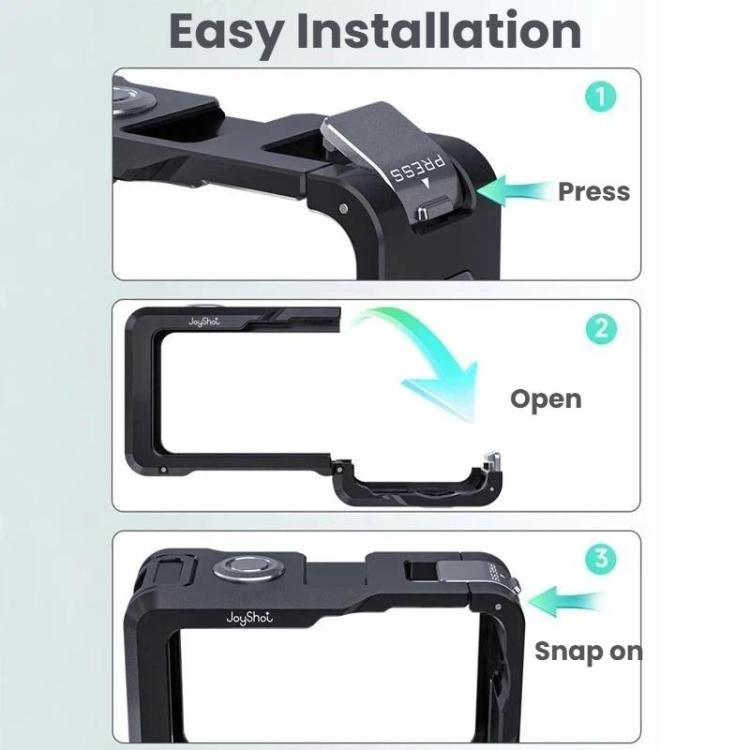 For DJI Osmo Action 6 Joyshot Dual-Open Metal Cage Aluminum Protective Frame with 1/4-inch Screw Holes & Cold Shoe Mount - Black