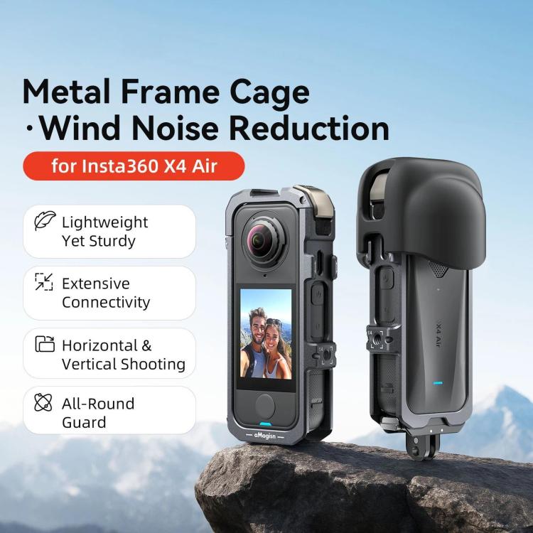 For Insta360 X4 Air aMagisn Quick-Release Metal Cage Wind Noise Reduction Expandable Frame with Lens Cap - Black