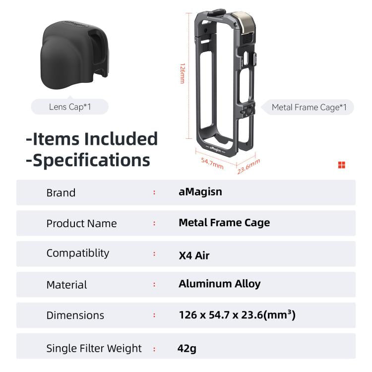 For Insta360 X4 Air aMagisn Quick-Release Metal Cage Wind Noise Reduction Expandable Frame with Lens Cap - Black
