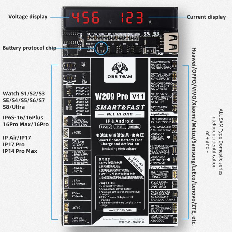OSS TEAM W209 PRO V11 Battery Activator Board 7.4V High-Voltage for iPhone 6 To 17 Series & Android Devices