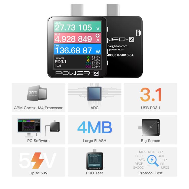 POWER-Z KM003C USB-C Fast Charging Tester PD3.1 & Protocol Analyzer - Black
