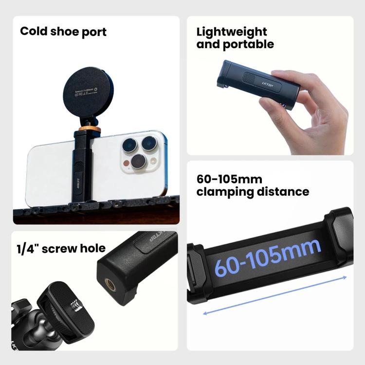 LKTOP Plastic Phone Clamp Holder Tripod Mount with 1/4-Inch Screw Hole & Cold Shoe - Black