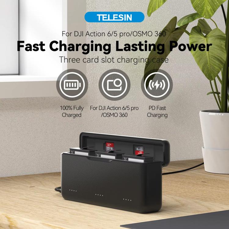 TELESIN Fast Charging Case For DJI Osmo Action 6 / 360 / 5 Pro 3-Slot Battery Storage Box - Black