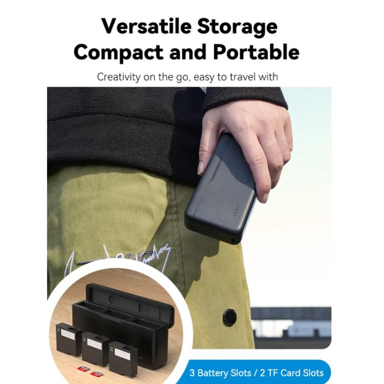 TELESIN Fast Charging Case For DJI Osmo Action 6 / 360 / 5 Pro 3-Slot Battery Storage Box - Black