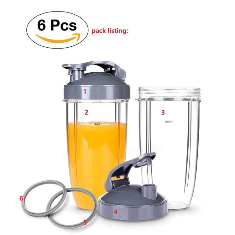 6-Piece Replacement Set For Nutribullet 900W & 600W Blender Includes 32OZ Cups, Sport Lids, Sealing Rings