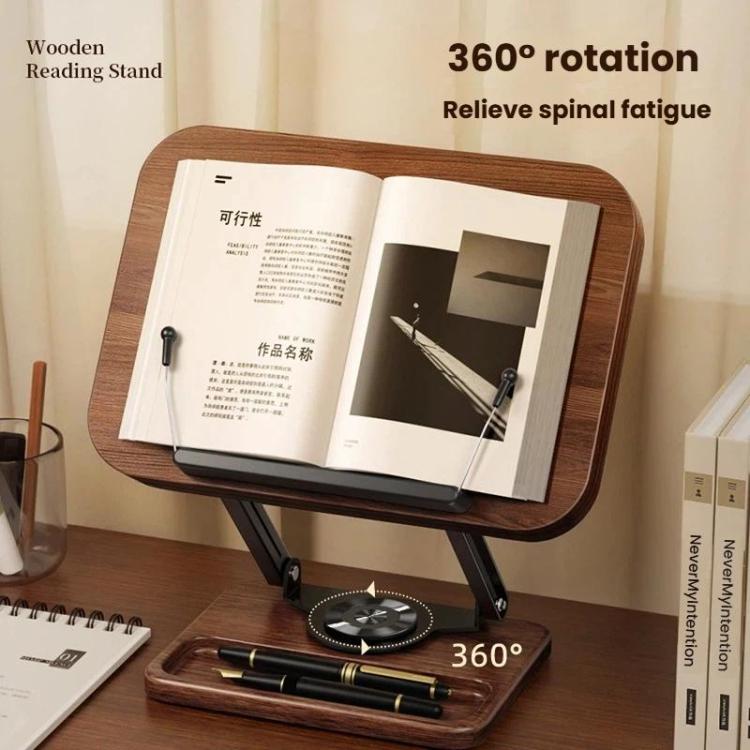 Wood 360-degree Rotating Adjustable Reading Stand with Hidden Spring Clip and Storage Groove - FBSG-064904