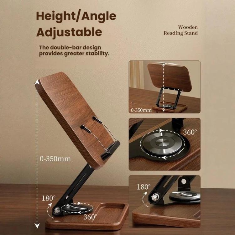 Wood 360-degree Rotating Adjustable Reading Stand with Hidden Spring Clip and Storage Groove - FBSG-064904
