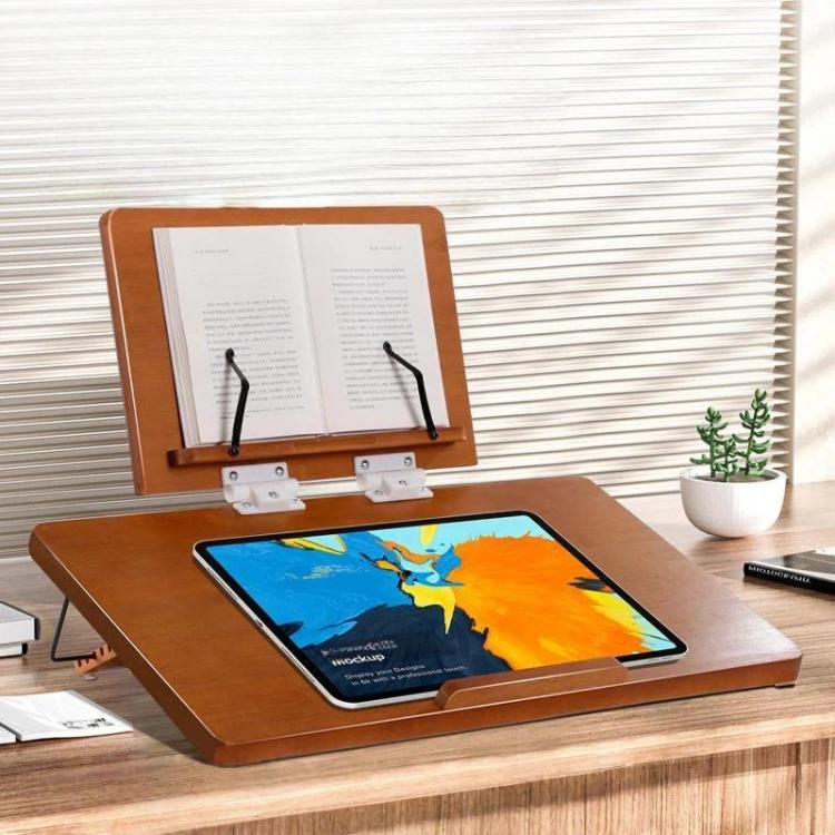 2-Tier Bamboo Reading Stand Tablet Holder, 6-Level Height Adjustable Book Rest & Laptop Riser 50x36cm Brown