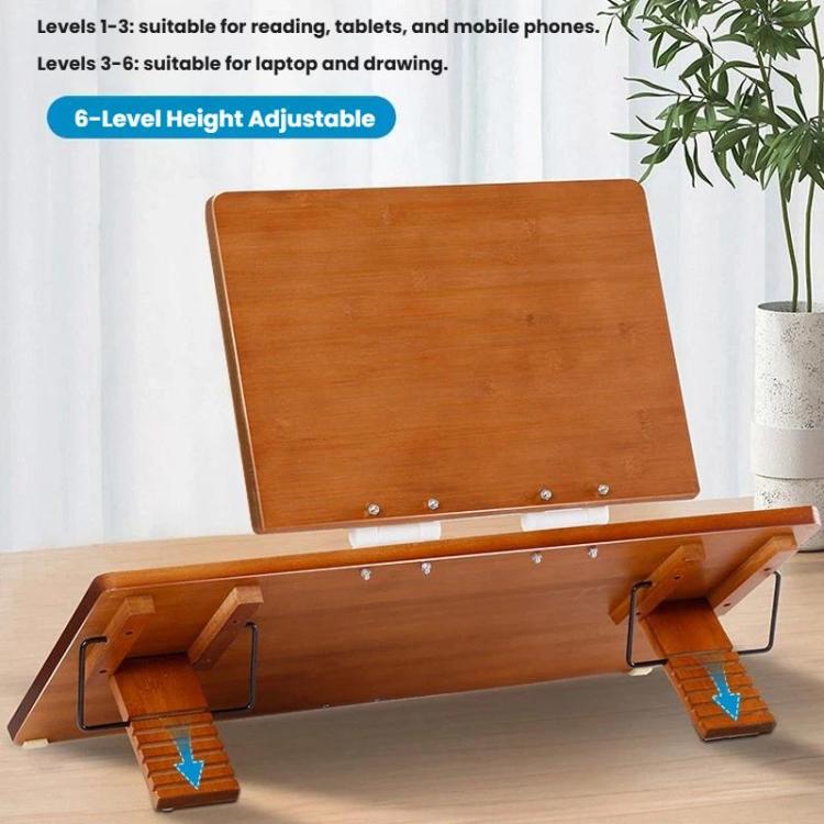 2-Tier Bamboo Reading Stand Tablet Holder, 6-Level Height Adjustable Book Rest & Laptop Riser 65x36cm Brown
