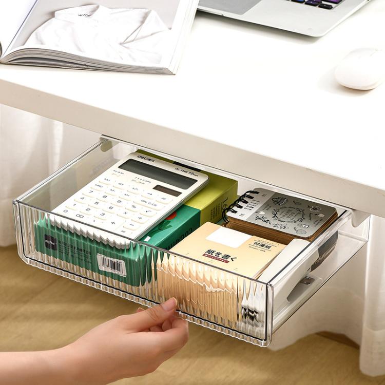 Under Desk Hidden Drawer Organizer Invisible Storage Box for Stationery and Office Supplies Medium Clear Black