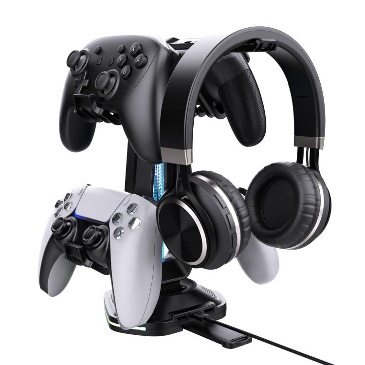 Multi-Function Gaming Stand For Headset & 4 Controllers With Dual USB Charging Ports And RGB Lighting - Black
