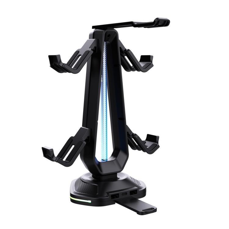 Multi-Function Gaming Stand For Headset & 4 Controllers With Dual USB Charging Ports And RGB Lighting - Black