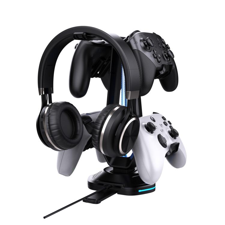 Multi-Function Gaming Stand For Headset & 4 Controllers With Dual USB Charging Ports And RGB Lighting - Black