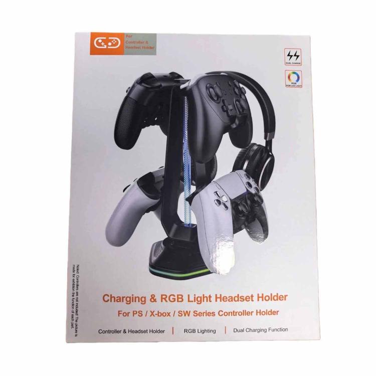 Multi-Function Gaming Stand For Headset & 4 Controllers With Dual USB Charging Ports And RGB Lighting - Black