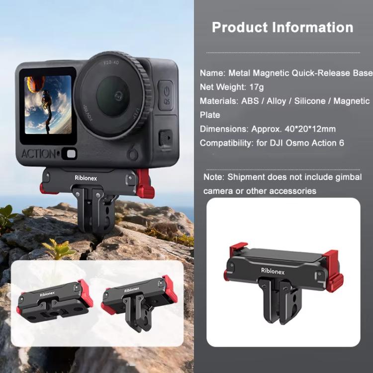 For DJI Osmo Action 6 / Nano Ribionex Dual-Sided Magnetic Quick-release Adapter Mount with 2-Claw and 1/4-inch Tripod Thread - Black