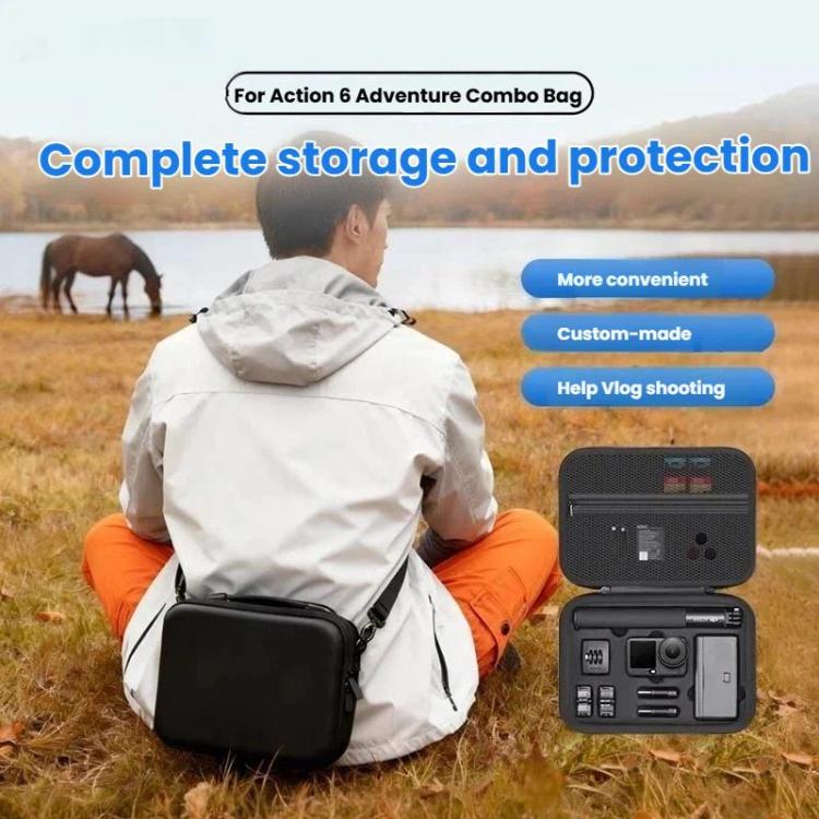For DJI Osmo Action 6 Adventure Combo Carrying Case Shock-Absorbing EVA+PU Storage Bag Shoulder Strap Type Gray